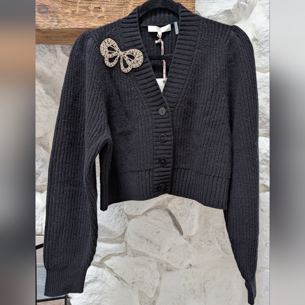 LoveShackFancy Black Ribbed Cardigan with Floral Bow - Picture 2 of 10
